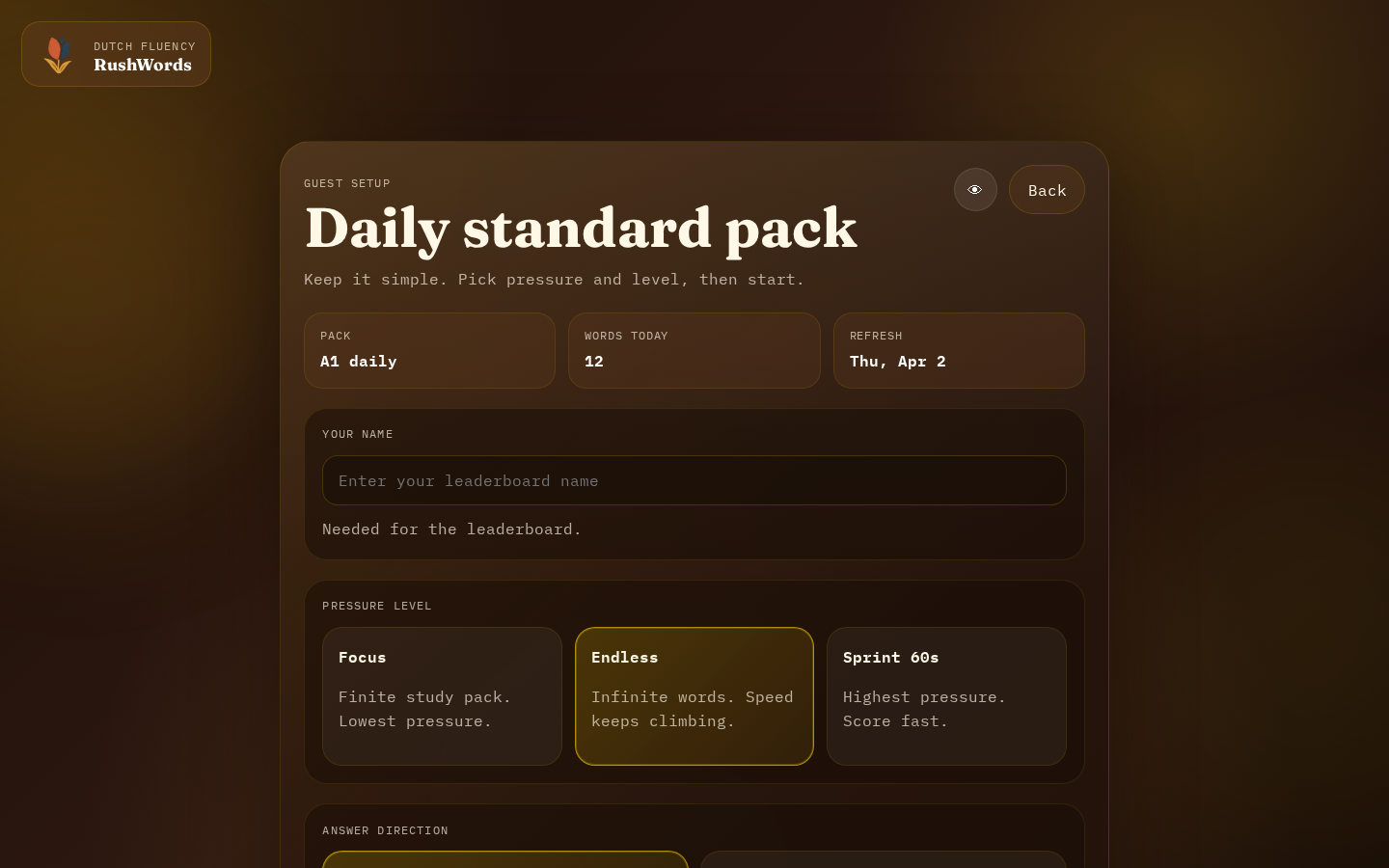 Rush Words setup